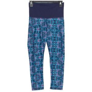 Fabletics Capri Leggings Women Small Blue Geo Foldover High Waist Yoga Athletic